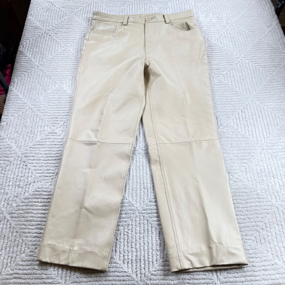 Vintage Excelled Leather Pants Mens 38x32 Cream Straight Rocker Moto Biker 90's